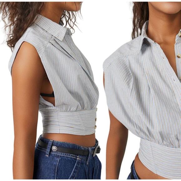 Free People We The Free Cassie Stripe Sleeveless Crop Shirt Blue Tan Medium - Picture 2 of 5
